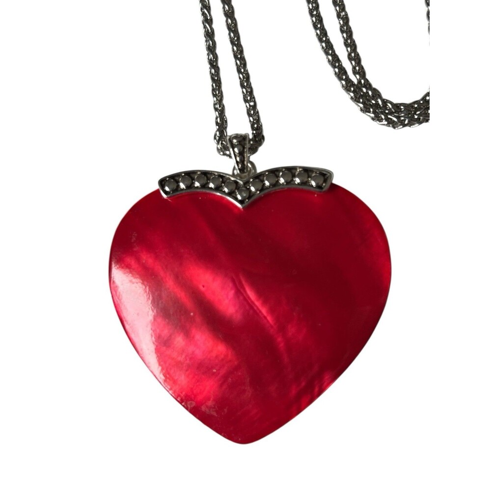 Vintage Signed Red Heart Heart Pendant Necklace Silver Tone Chain 16"